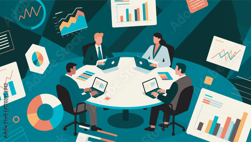 illustration of people discussing at a round table with floating visual diagram graphic elements vector design template