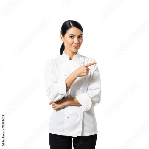 A woman in a white chef's jacket pointing to the side.