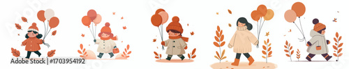 vector of a little girl holding a balloon in autumn