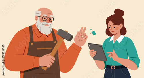 Elderly man holding a hammer and young woman using tablet. Concept of Mentoring generations, lifelong learning, vector illustration