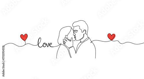 Silhouette of a couple kissing with hearts and love text in line art style