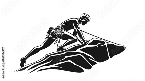 Rock climber ascending steep outdoor rock face with focused posture and safety rope