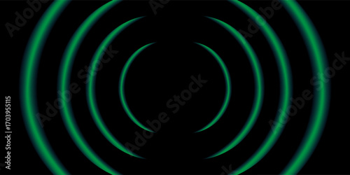 Futuristic neon background of gren glowing sound waves. Audio waveform visualization. Neon radar and searching process. Radial music and audio waves. Blue neon lights forming circles.