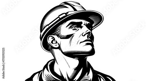 Worker wearing safety helmet looking upward with determined expression in high contrast illustration