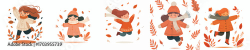 vector of little girl jumping happily in autumn
