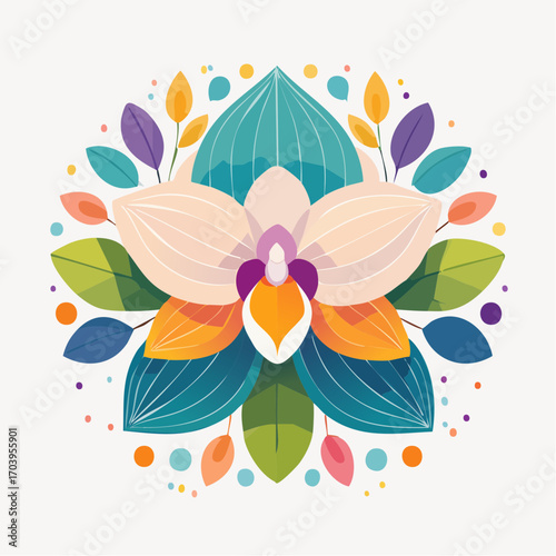 Stylized Orchid Flower With Colorful Petals and Green Teal Leaves on White Background