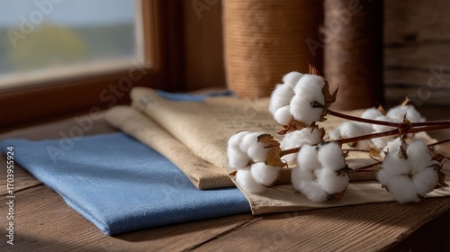 Cotton Bolls Arranged on Vintage Sewing Patterns with Thread and Fabric in Soft Natural Light