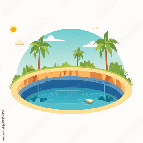 Circular Oasis Lush Tropical Landscape with Palm Trees and Tranquil Blue Water