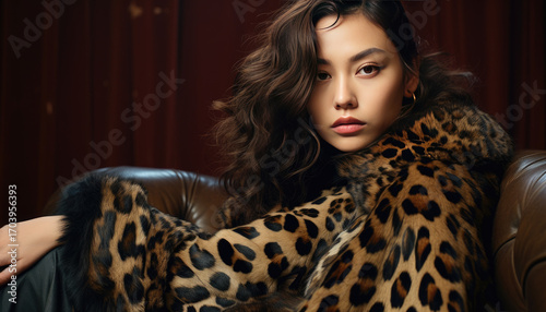 Stylish young model posing in leopard print suit against black studio backdrop