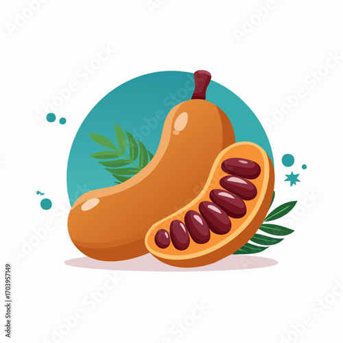 Ripe Tamarind Pod and Cross Section with Seeds and Tropical Leaves on Teal Background