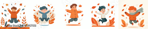 vector of little boy jumping happily in autumn