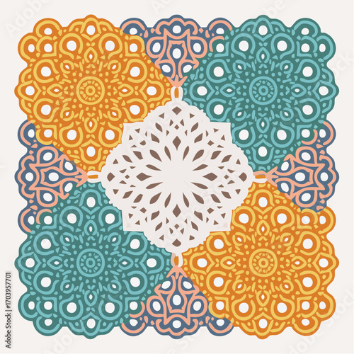 Intricate Mandala Pattern In Orange Teal And White