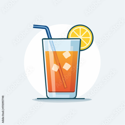 Glass Of Iced Tea With Lemon Slice And Blue Straw