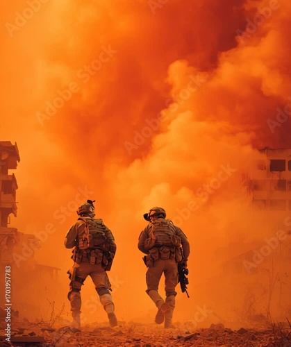 Armed soldiers patrol war-torn city streets under dense orange smoke