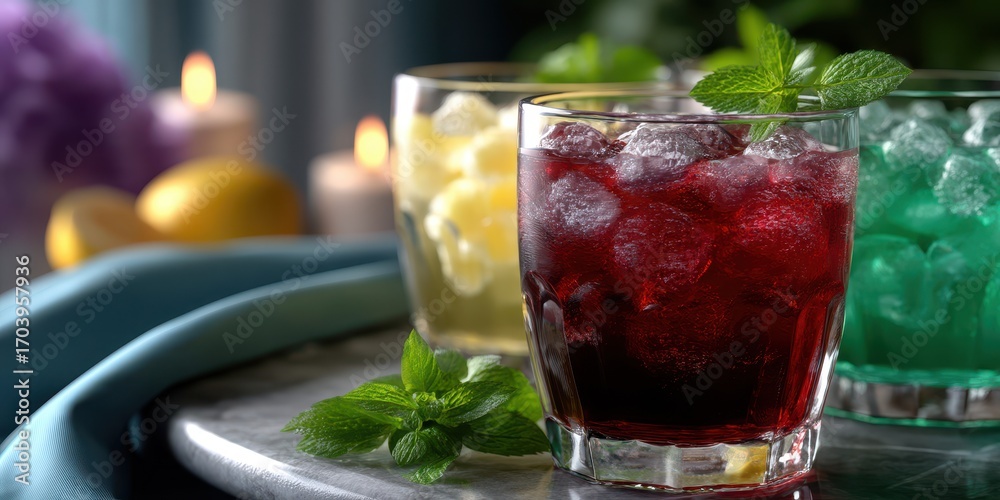 custom made wallpaper toronto digitalRefreshing colorful drinks on a marble table with candles and fresh mint leaves in the background