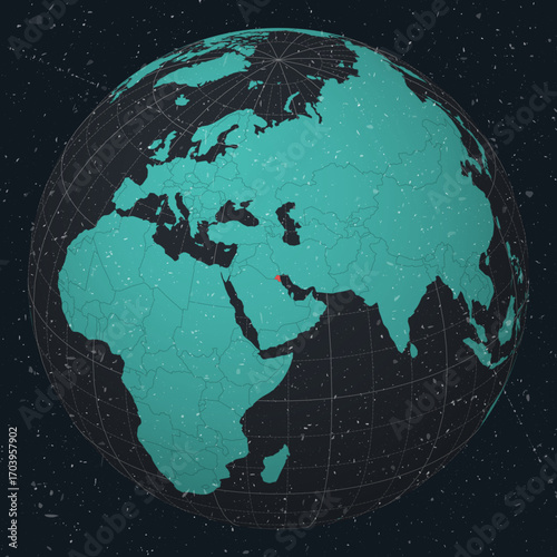 Kuwait on Globe. Vintage look with grunge scratched texture. Country view on world map in Dark Charcoal Turquoise color palette. Kuwait shape on map. Globe with meridians and parallels.