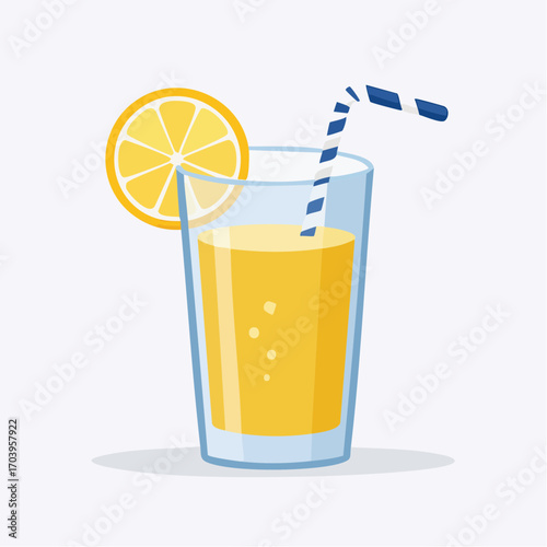 Glass Of Fresh Orange Juice With Lemon Slice And Blue Striped Straw