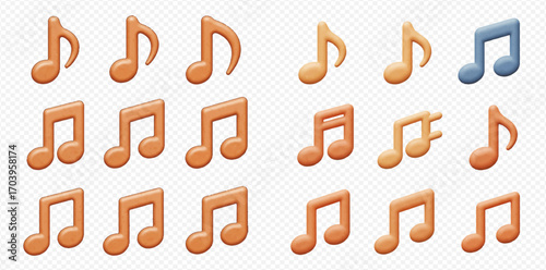 An array of musical notes in varying shades of orange and blue, arranged on a transparent background.