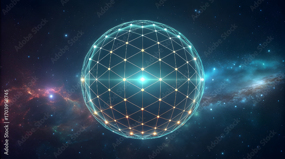 Obraz premium Glowing geometric sphere in cosmic nebula globe network