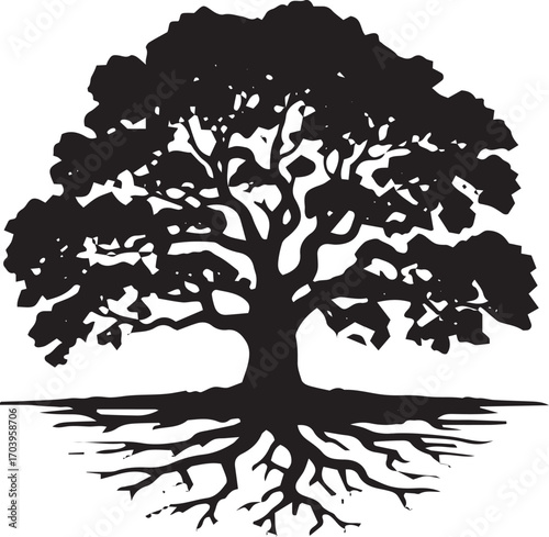 Majestic silhouette of an ancient oak tree with expansive root system detailed and textured