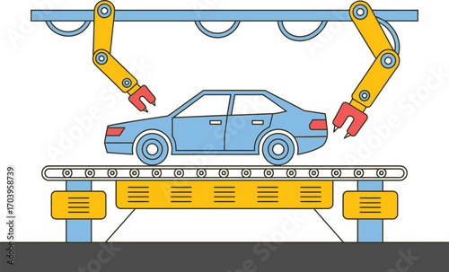 Automated Car Production Line with Robots and Conveyor Belt Vector