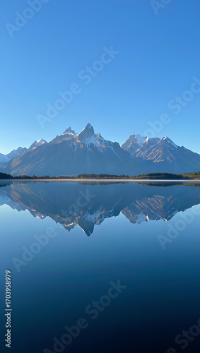Wallpaper Mural A breathtaking panorama of majestic mountains mirroring perfectly in the still lake beneath a vibrant blue sky, capturing the essence of natural beauty and serene reflection on a bright day Torontodigital.ca