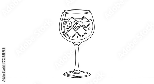 Line art drawing of a glass with ice cubes and water on a transparent background  