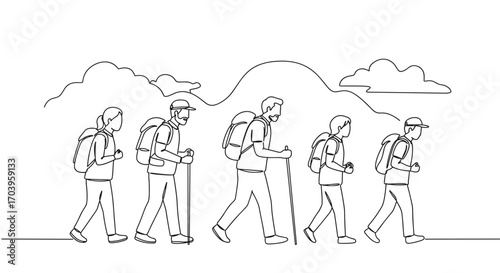 Line drawing of group of hikers walking in nature with backpacks and sticks  