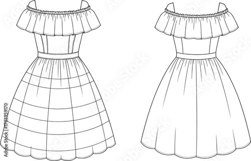 Ruffle off-shoulder flared dress fashion flat sketch, front and back CAD drawing, vector garment illustration for clothing design template