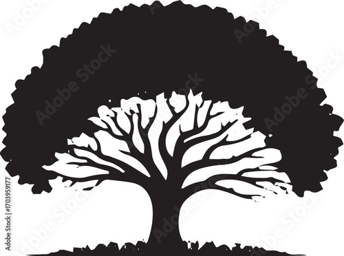 Silhouette of a majestic oak tree with detailed branches and full crown emblematic of nature and growth