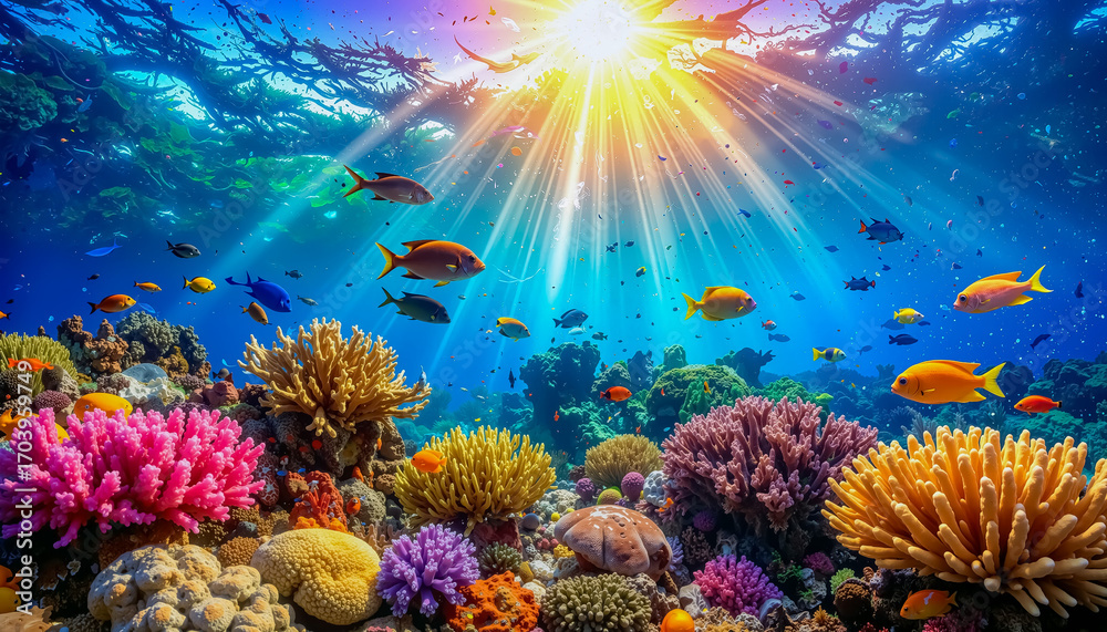 Fototapeta premium Underwater Coral Reef Ecosystem with Tropical Fish and Sunlight Rays