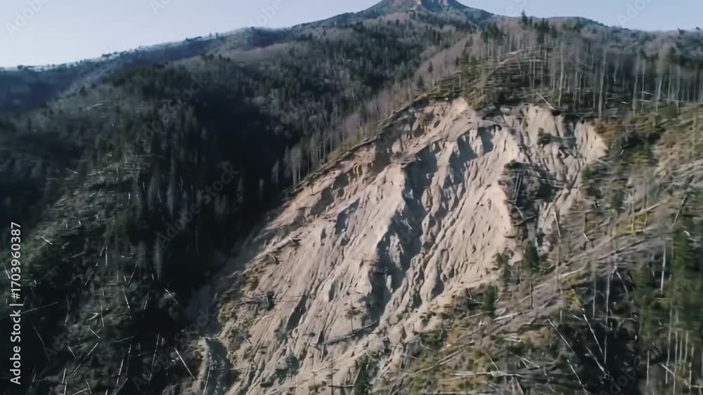 Cinematic Aerial Shot of Mountains with Landslides and Deforested Patches