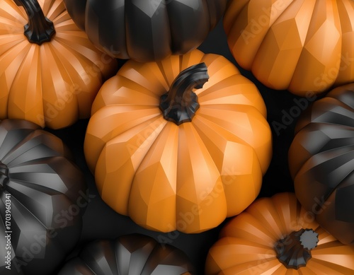 Abstract Low Poly Pumpkins Black and Orange Halloween Autumn Scenery Digital Illustration Artwork For Fall Seasonal Decorations