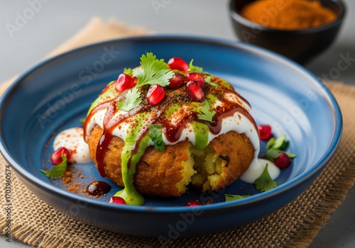 A mouth-watering close-up of a garnished aloo tikki chaat, an Indian street food delicacy, served in a rustic blue bowl.