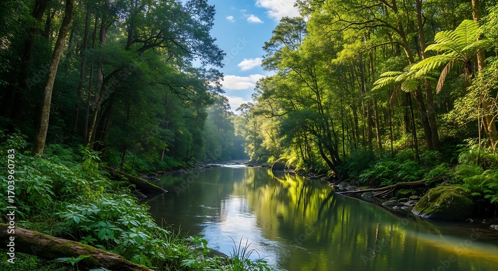 Obraz premium Serene River flows through lush green forest.