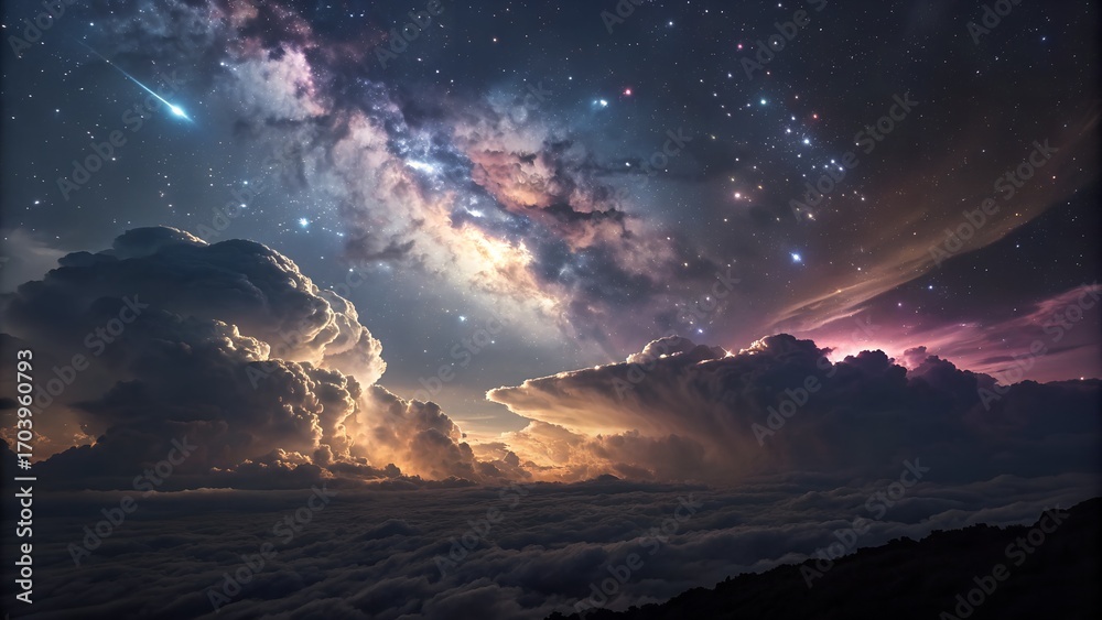 Naklejka premium The Milky Way galaxy and countless stars glow in the vast night sky. Dramatic, illuminated clouds blanket the ground below, a meteor streaks by.