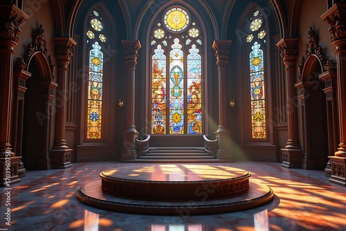 Ornate cathedral interior with stained glass and circular dais