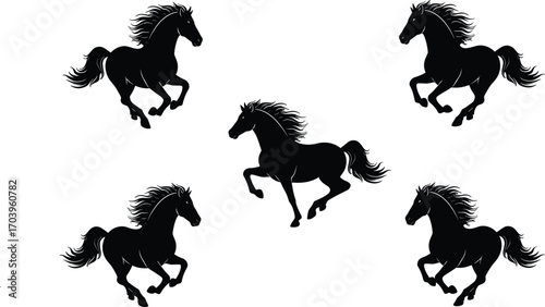 Collection of five black horse silhouettes running dynamically, showcasing motion and energy, perfect for equestrian, wildlife, and vector projects.