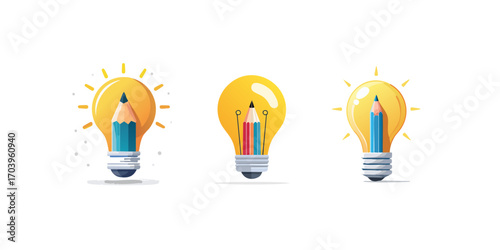 Vector illustration set of bright light bulbs with pencils, a symbol of creative ideas, innovation, and education