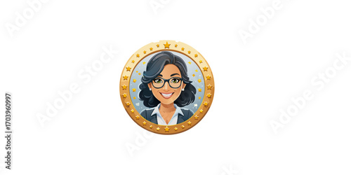 Digital illustration of a smiling professional businesswoman with glasses inside a golden star award medal, symbolizing achievement and expertise