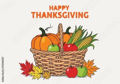 A festive illustration of a woven basket overflowing with harvest fruits and vegetables, celebrating Thanksgiving.
