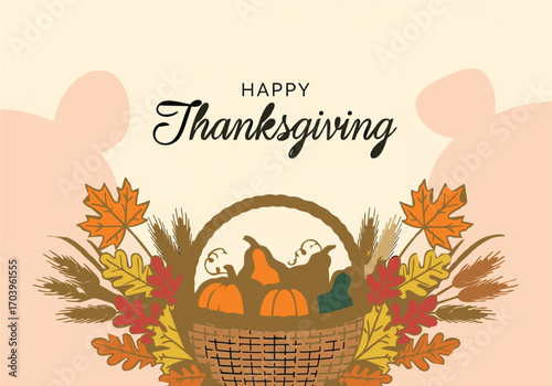 Festive Thanksgiving illustration featuring a wicker basket overflowing with autumn harvest elements.