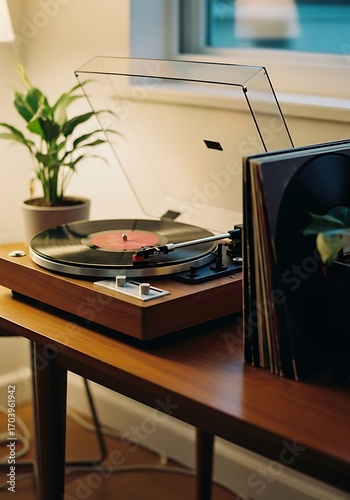 A classic vinyl setup with turntable and records on wooden furniture