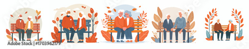 vector of grandparents sitting on park benches in autumn