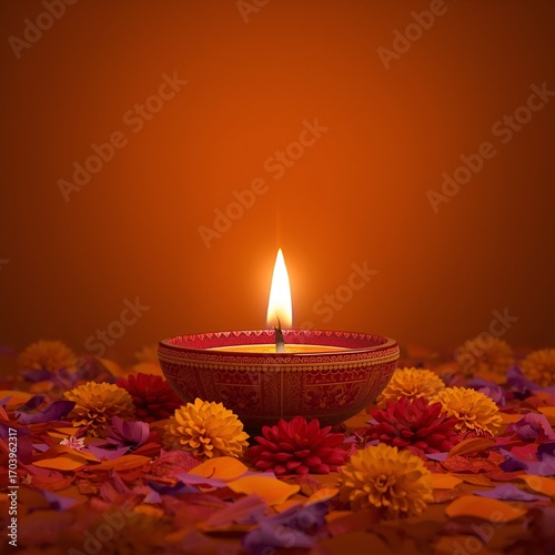 Lit Diya Candle with Vibrant Flowers