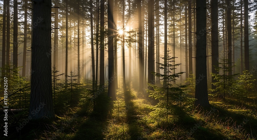 Fototapeta premium Sunlight Filtering Through a Dense Forest.