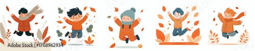 vector of little boy jumping happily in autumn