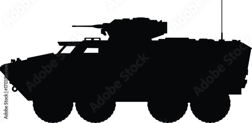 Silhouette vector illustration of military armored vehicle, tactical combat vehicle, armored personnel carrier, defense transport, military equipment, war vehicle, modern army transport