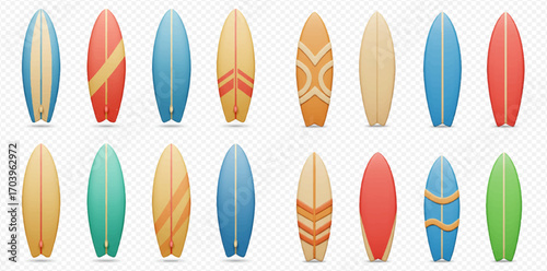 Collection of fifteen colorful surfboards with various designs and colors arranged in two rows on a transparent background.