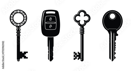 Collection of four silhouette keys diverse designs antique modern car key vector